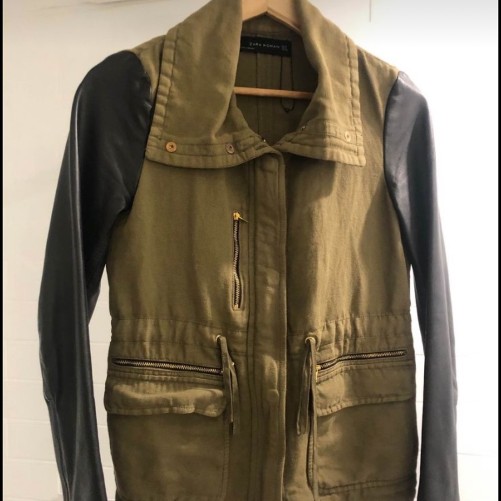 Zara olive utility jacket with leather sleeves